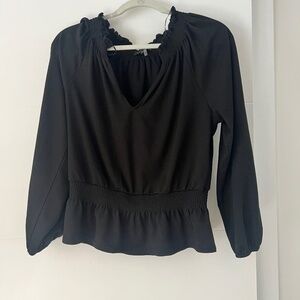 1.State Black Smocked Ruffle Blouse Size Medium Peplum Long Sleeve Top